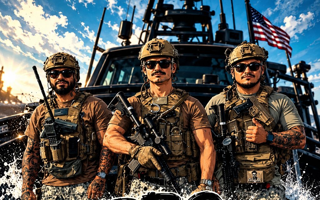 Three boat crew members in kit standing on the bow of a patrol boat at sunset, flag flying behind them