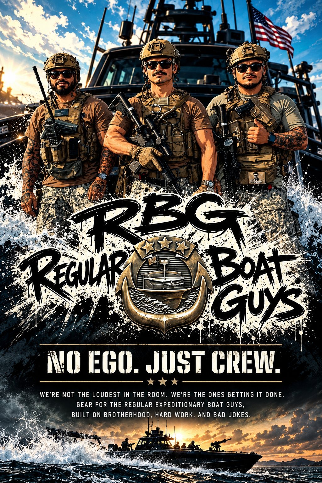 Regular Boat Guys: three crew members in kit on the bow of a patrol boat above the RBG anchor emblem, with No Ego. Just Crew. and the tagline We're not the loudest in the room, we're the ones getting it done